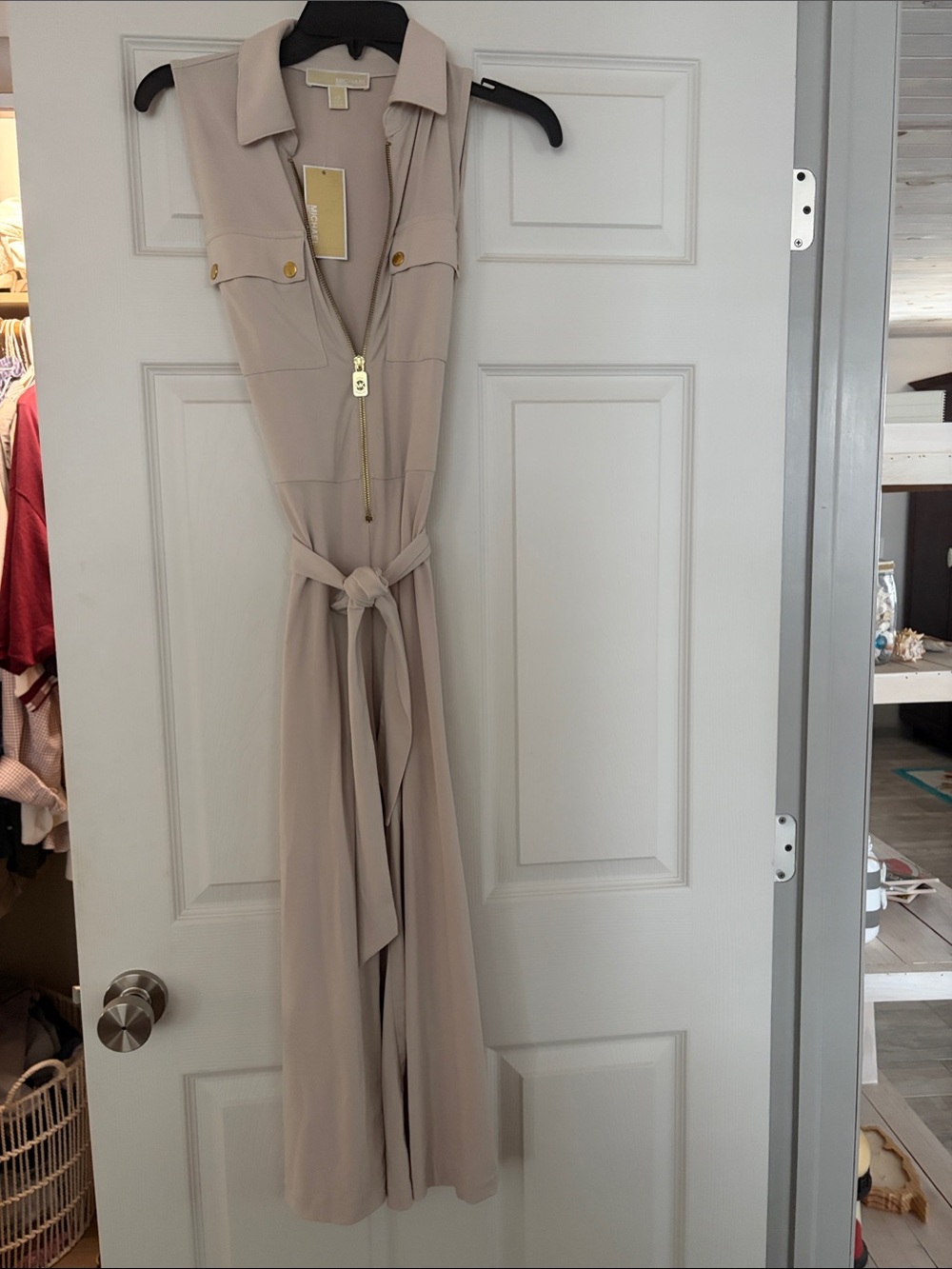 Michael Kors Sleeveless Beige Maxi Jumpsuit with Gold Zip & Tie Waist